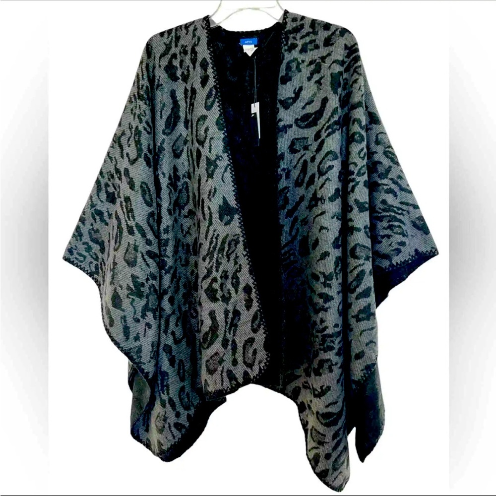 Apt. 9 Black/Gray Reversible Leopard Preppy Ruana Poncho One Size NWT